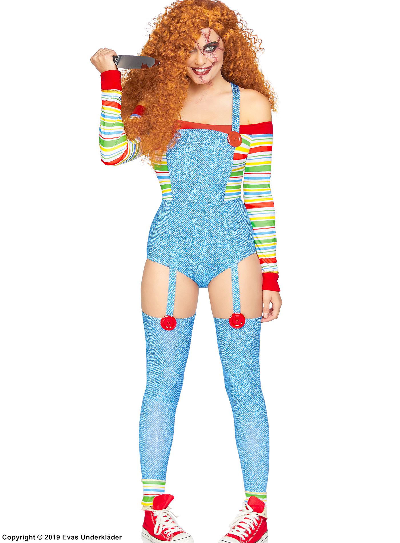 Chucky from Child's Play (woman), teddy costume, off shoulder, buttons, colorful stripes